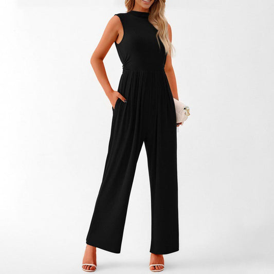 Women’s Sleeveless Solid-color Casual Wide-leg Jumpsuit