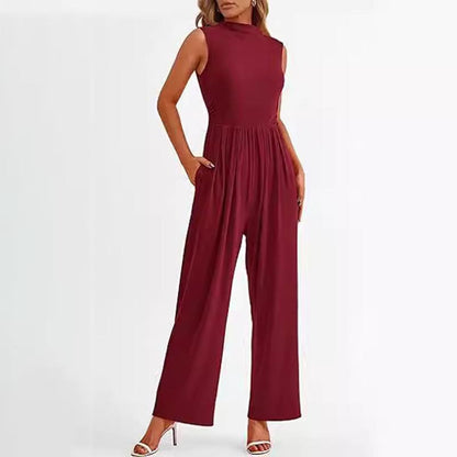 Women’s Sleeveless Solid-color Casual Wide-leg Jumpsuit