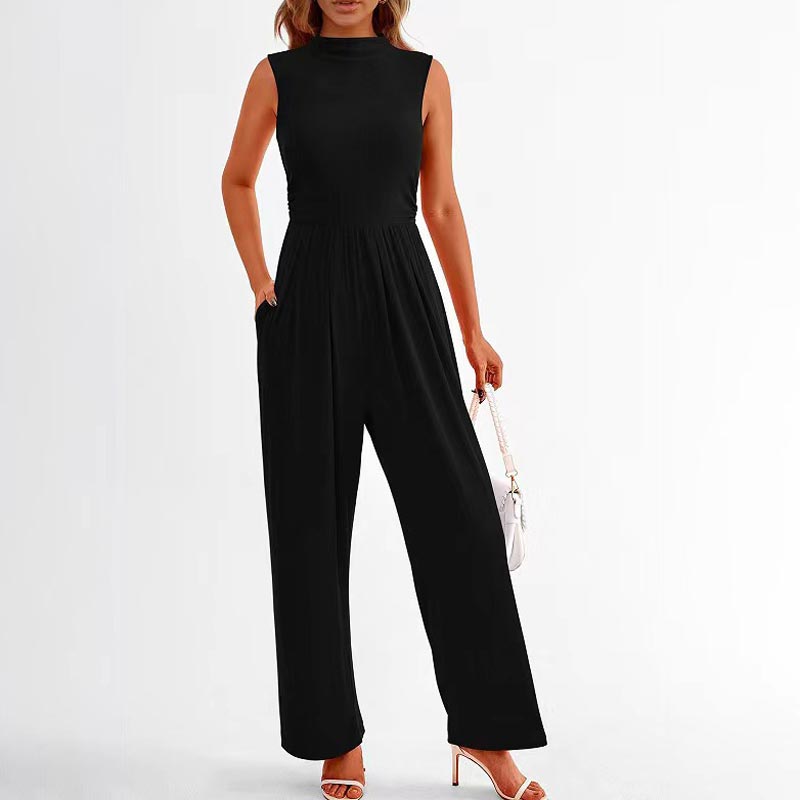 Women’s Sleeveless Solid-color Casual Wide-leg Jumpsuit
