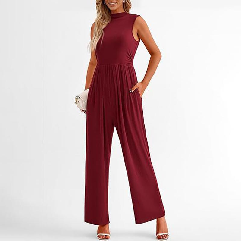 Women’s Sleeveless Solid-color Casual Wide-leg Jumpsuit