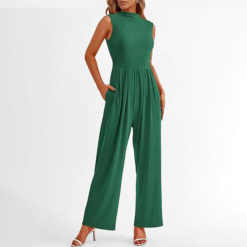 Women’s Sleeveless Solid-color Casual Wide-leg Jumpsuit