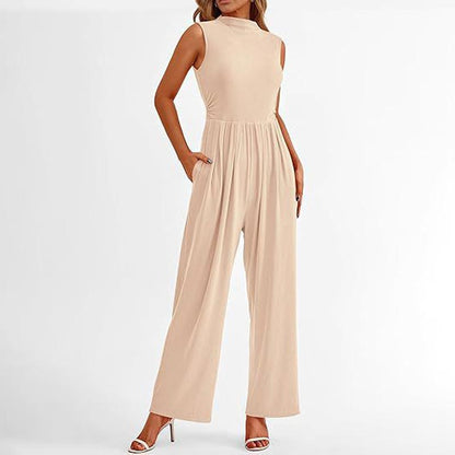 Women’s Sleeveless Solid-color Casual Wide-leg Jumpsuit