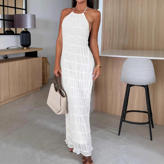Sexy Pleated Texture Halter Neck Backless Maxi Dress