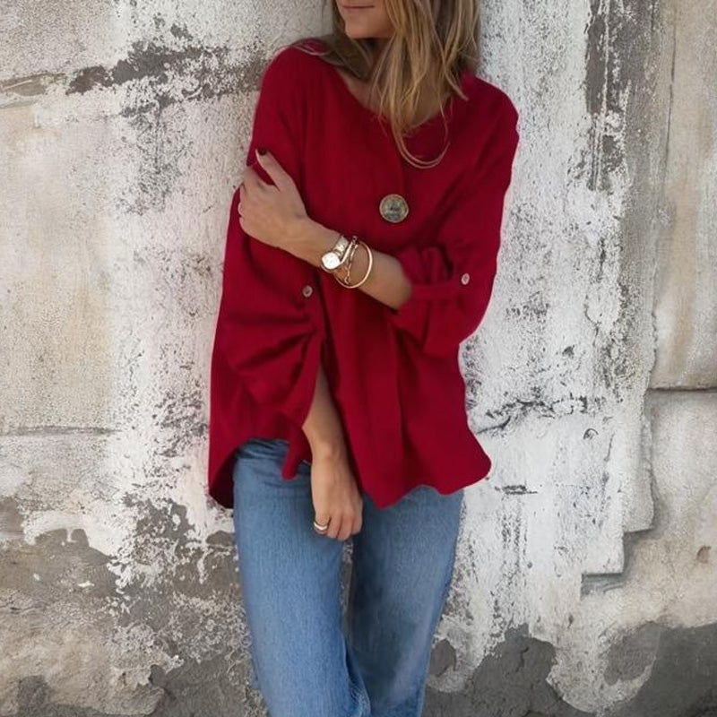 Women's Simple Loose-Fit Top with Rolled Sleeves