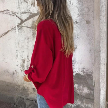 Women's Simple Loose-Fit Top with Rolled Sleeves