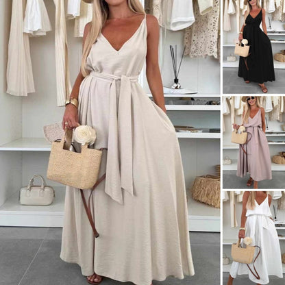 Women’s Spaghetti Strap Maxi Dress with Waist Tie