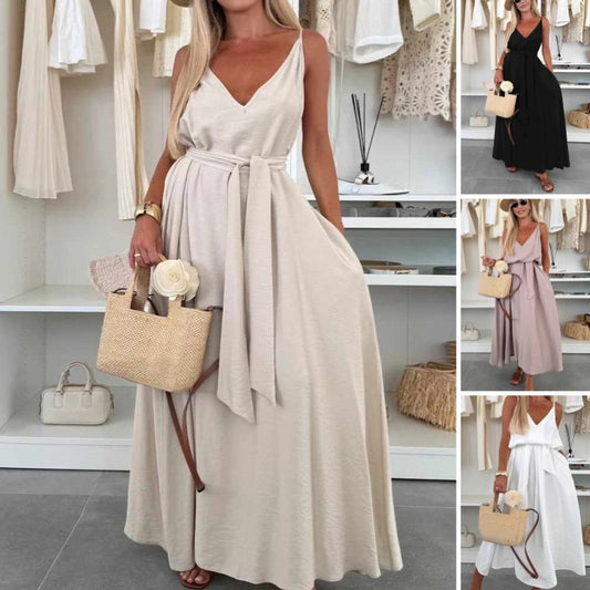 Women’s Spaghetti Strap Maxi Dress with Waist Tie