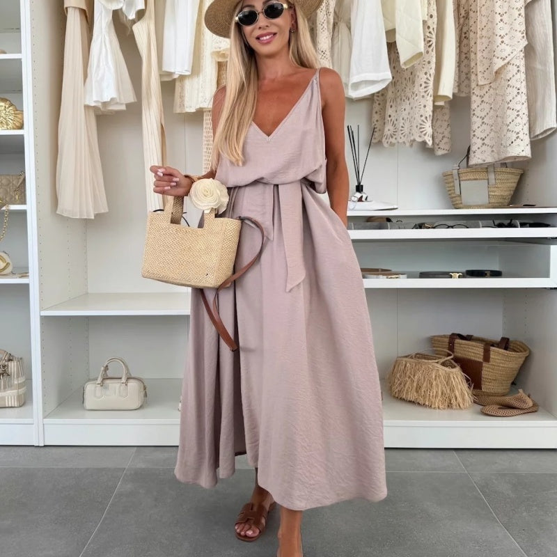 Women’s Spaghetti Strap Maxi Dress with Waist Tie