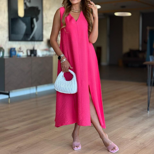 Solid Color V-Neck Sleeveless Slit Dress