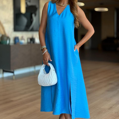Solid Color V-Neck Sleeveless Slit Dress