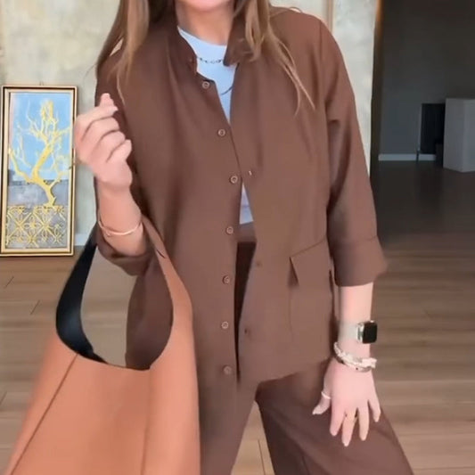 Solid Color Loose Shirt & High-Waisted Pants Set