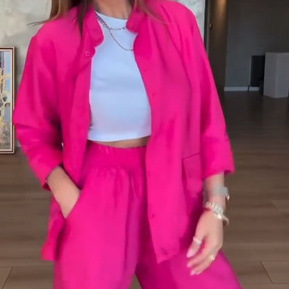 Solid Color Loose Shirt & High-Waisted Pants Set