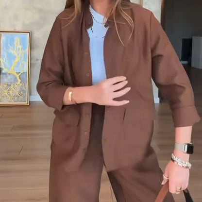 Solid Color Loose Shirt & High-Waisted Pants Set