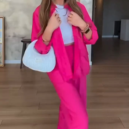 Solid Color Loose Shirt & High-Waisted Pants Set