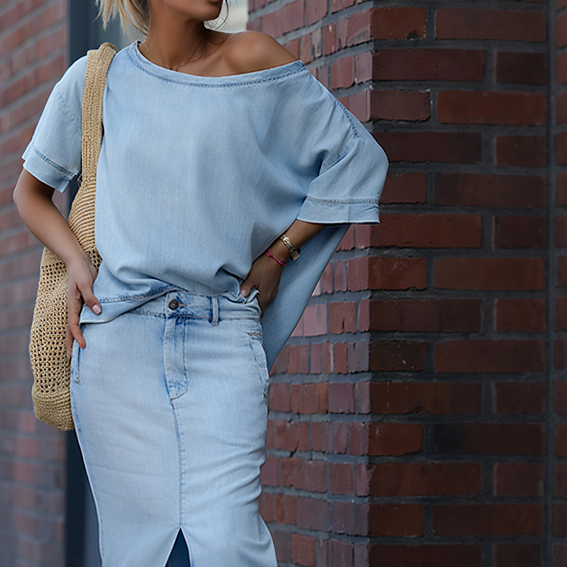 ✨Work commute outfit✨Women's diagonal shoulder top with split denim long skirt+Woven bag