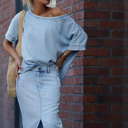 ✨Work commute outfit✨Women's diagonal shoulder top with split denim long skirt+Woven bag