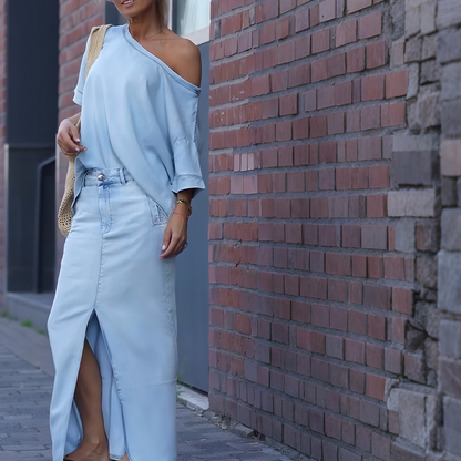 ✨Work commute outfit✨Women's diagonal shoulder top with split denim long skirt+Woven bag