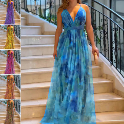 Women's Elegant Print V-Neck Backless Maxi Dress
