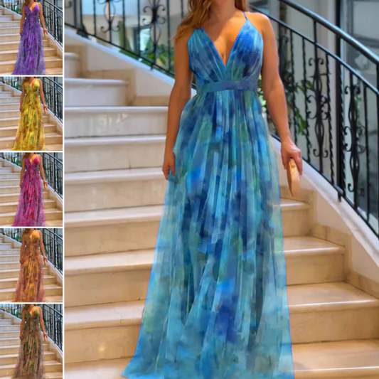 Women's Elegant Print V-Neck Backless Maxi Dress