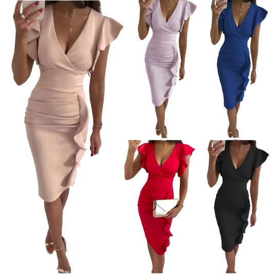V-Neck Ruffled Slim-Fit Sexy High Waist Dress