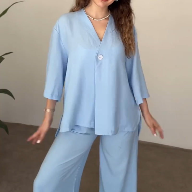 Women's V-Neck Top & Pants 2-Piece Set