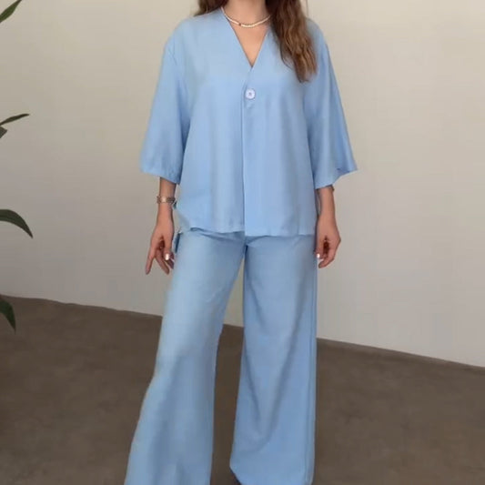 Women's V-Neck Top & Pants 2-Piece Set