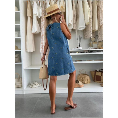 Denim Embroidered Flowers Sleeveless Dress
