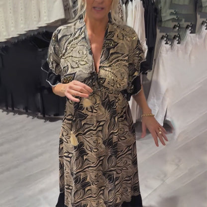 V-Neck Printed Ruffle Maxi Dress