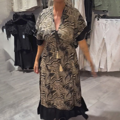 V-Neck Printed Ruffle Maxi Dress