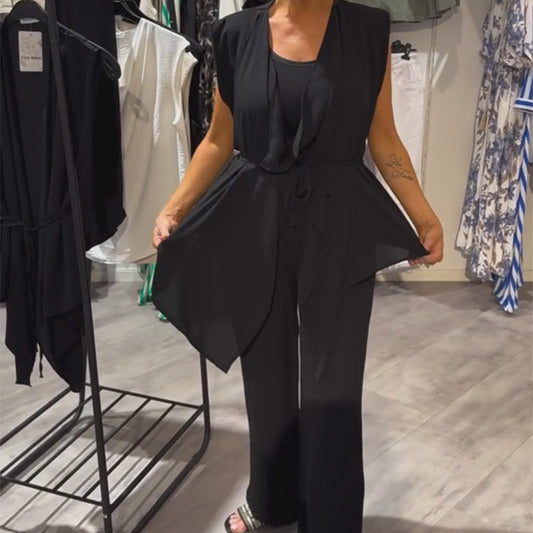 Black Sleeveless Set-Asymmetric Top & Wide-Leg Pants