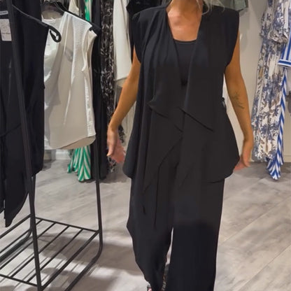 Black Sleeveless Set-Asymmetric Top & Wide-Leg Pants