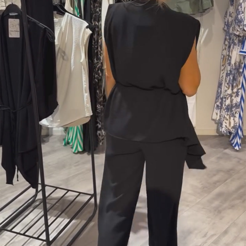 Black Sleeveless Set-Asymmetric Top & Wide-Leg Pants