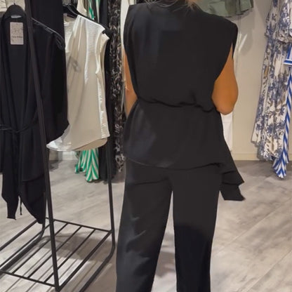 Black Sleeveless Set-Asymmetric Top & Wide-Leg Pants