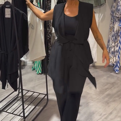 Black Sleeveless Set-Asymmetric Top & Wide-Leg Pants