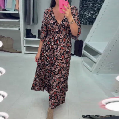 V-neck Printed Maxi Dress with 3/4 Sleeves