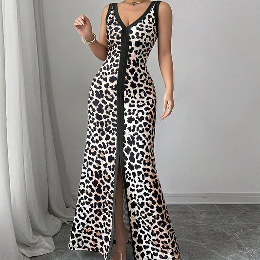 Women's Leopard Print V-Neck Dress