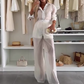 Women’s Sheer Button-Down Shirt & Wide-Leg Pants Set