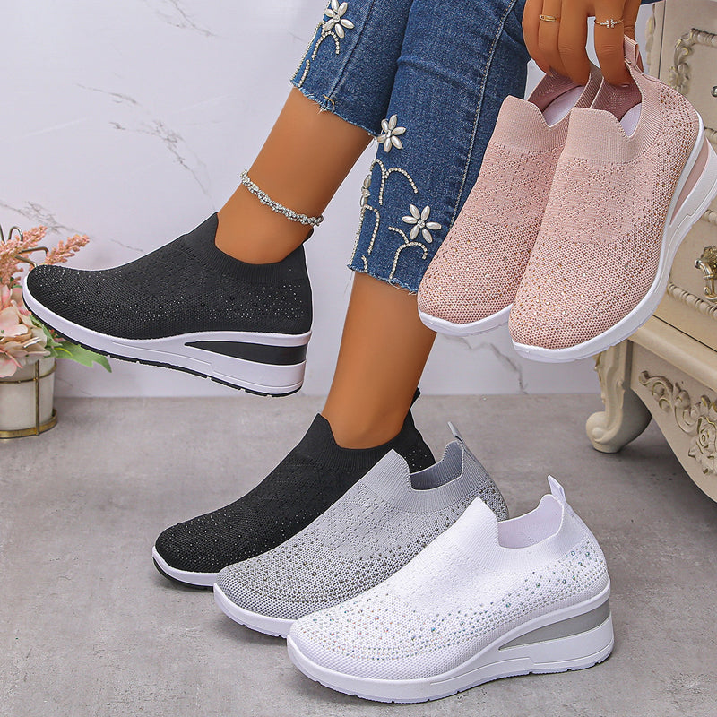Women's Rhinestone Mesh Slip-On Wedge Sneakers