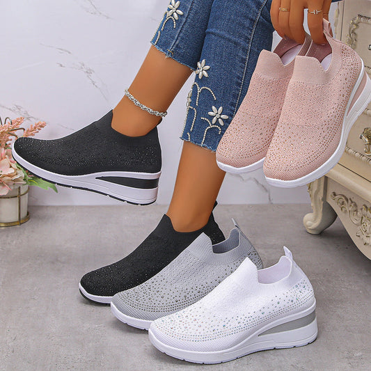 Women's Rhinestone Mesh Slip-On Wedge Sneakers