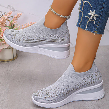 Women's Rhinestone Mesh Slip-On Wedge Sneakers