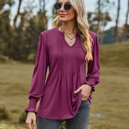 V-Neck Pleated Stretch Smocked Cuffed Top