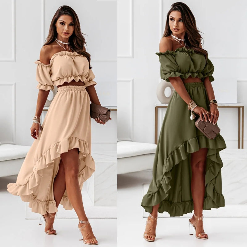 Women's Off Shoulder Crop Top & High-Low Hem Skirt Set