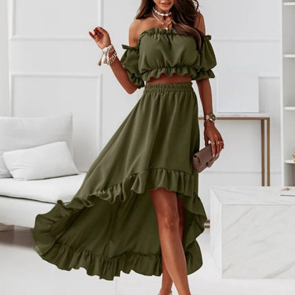 Women's Off Shoulder Crop Top & High-Low Hem Skirt Set