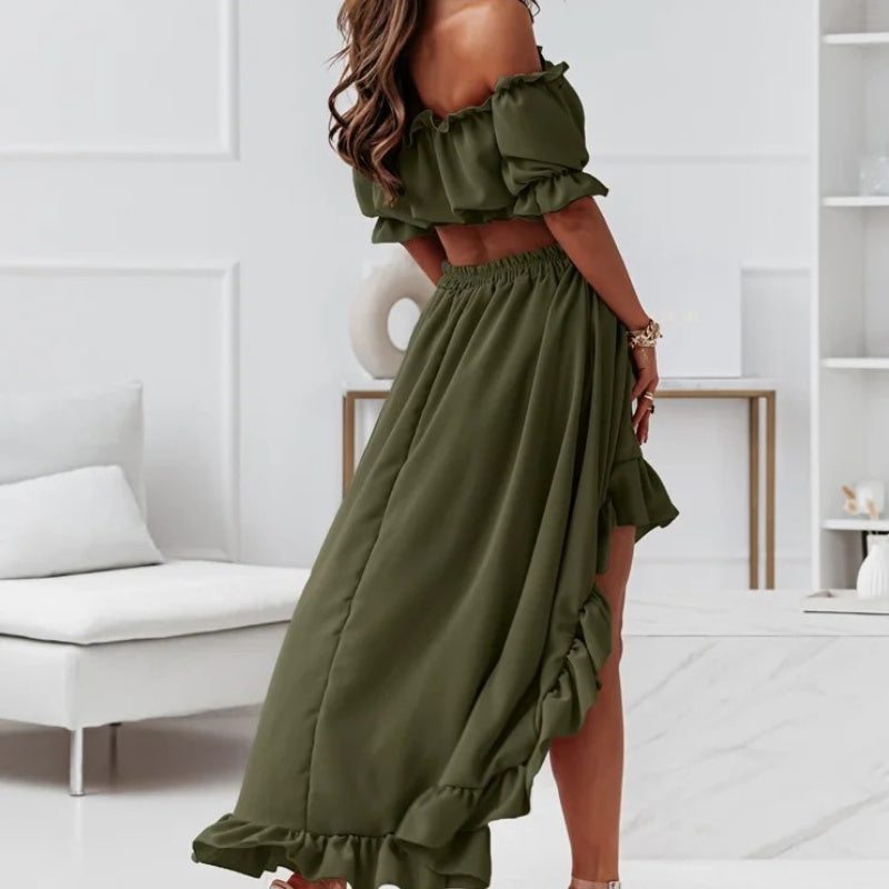 Women's Off Shoulder Crop Top & High-Low Hem Skirt Set