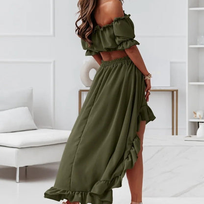 Women's Off Shoulder Crop Top & High-Low Hem Skirt Set