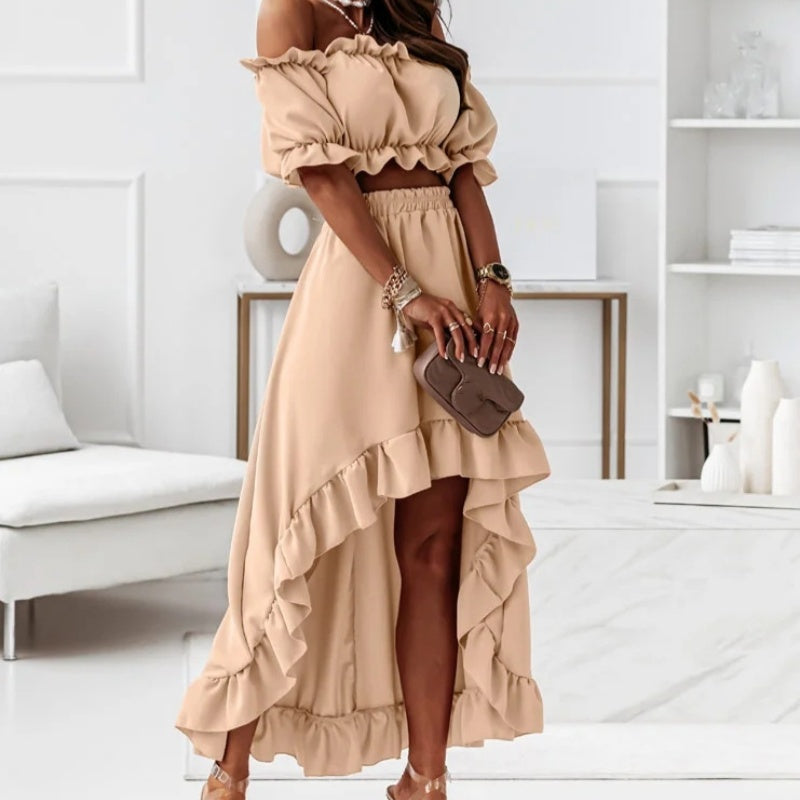 Women's Off Shoulder Crop Top & High-Low Hem Skirt Set
