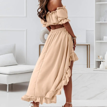 Women's Off Shoulder Crop Top & High-Low Hem Skirt Set
