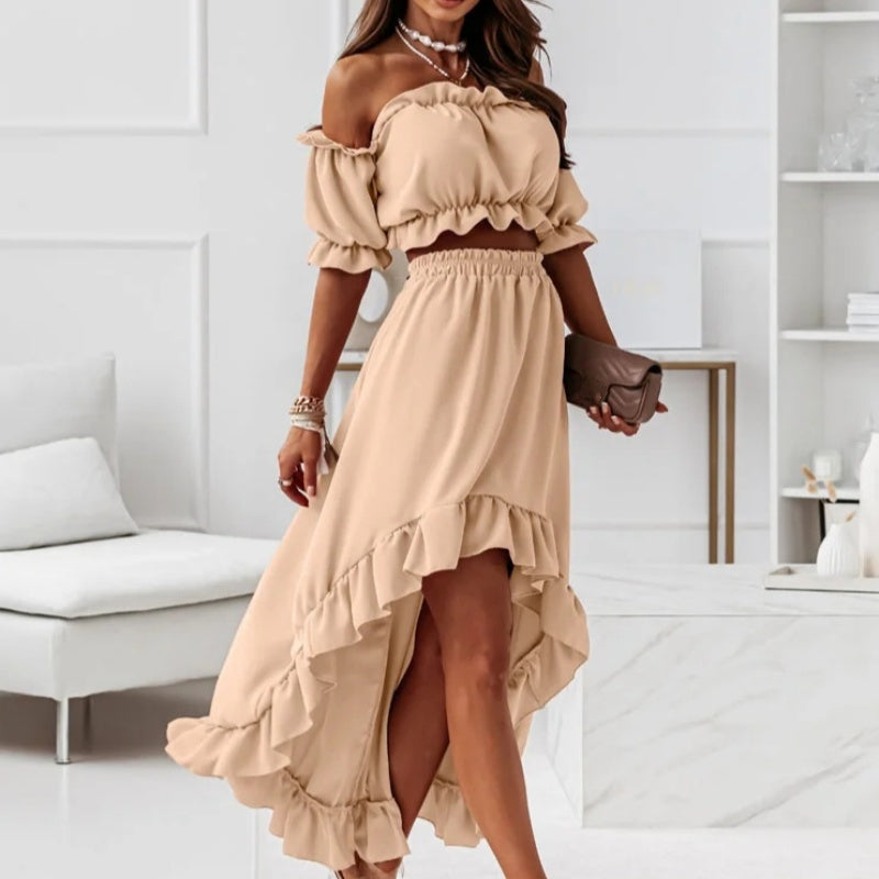 Women's Off Shoulder Crop Top & High-Low Hem Skirt Set
