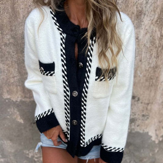 Color-Contrast Long-Sleeve Button Cardigan