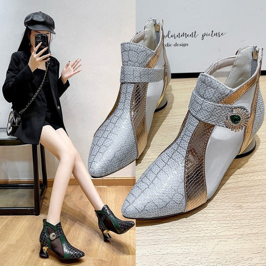 Vintage Mesh Design Chunky Heel Ankle Boots